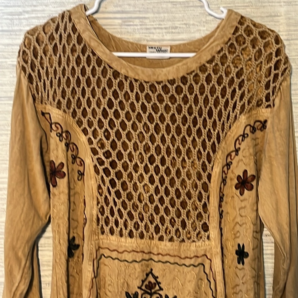 Meetu Magic Mustard Brown Boho Tunic Top Free Size | Embroidered Rayon Y2K (768) - Picture 4 of 8